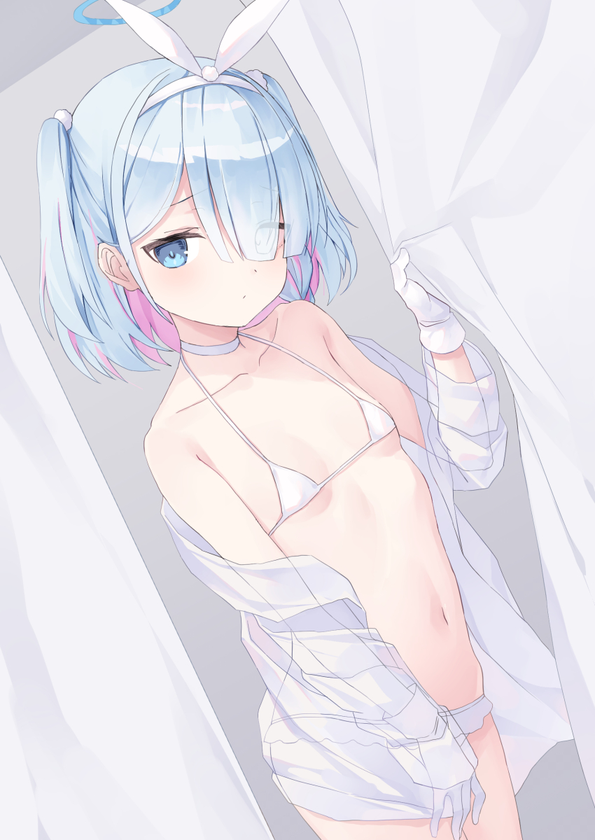 1girl, alternate_costume, arona_(blue_archive), bare_shoulders, bell, bikini, bikini_skirt, blue_archive, blue_eyes, blue_hair, breasts, choker, closed_mouth, colored_inner_hair, cowboy_shot, curtain_grab, curtains, eyes_visible_through_hair, gloves, hair_over_one_eye, hairband, halo, halterneck, highres, long_sleeves, looking_at_viewer, micro_bikini, multicolored_hair, navel, neck_bell, off_shoulder, open_clothes, open_shirt, raised_eyebrows, see-through_clothes, see-through_shirt, shirt, short_hair, small_breasts, solo, swimsuit, two_side_up, usamiusamimii, white_bikini, white_gloves, white_shirt