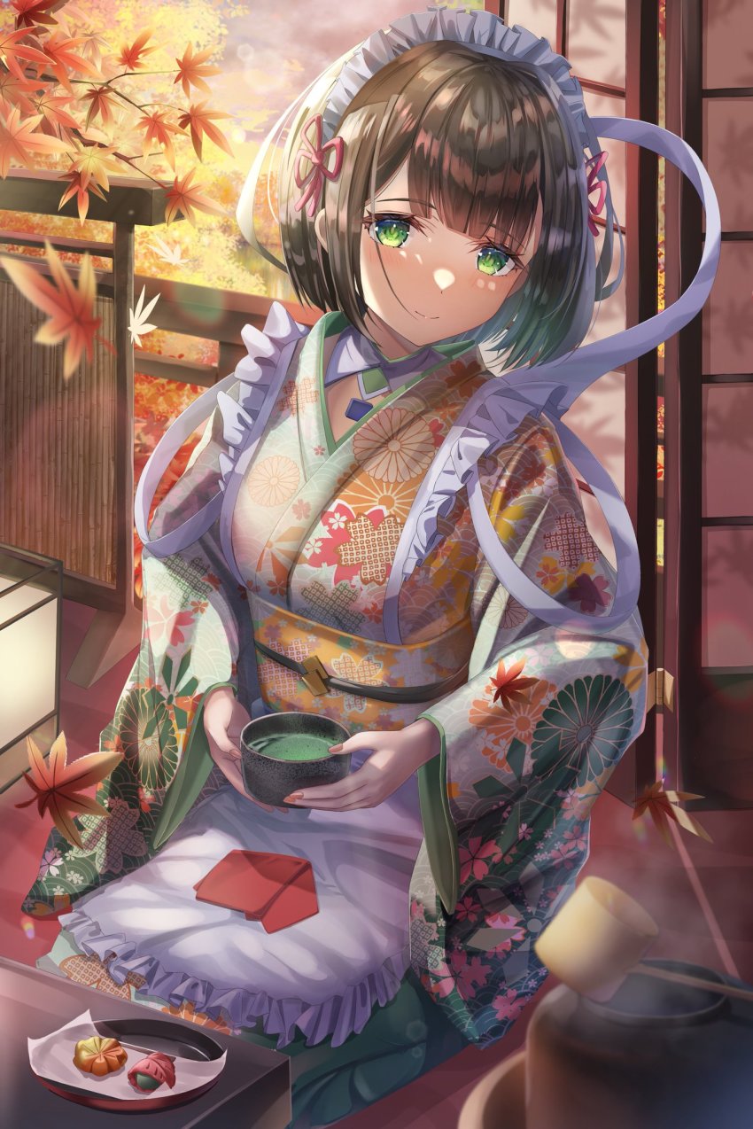 1girl, alternate_costume, autumn_leaves, bonbon1402336, brown_hair, chest_jewel, closed_mouth, cup