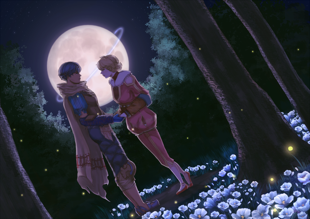 1boy, 1girl, baten_kaitos, blonde_hair, blue_footwear, blue_gloves, blue_hair, cape