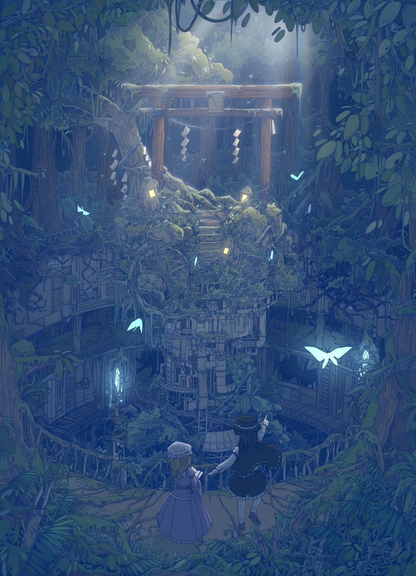 2girls, absurdres, black_capelet, black_hair, black_headwear, black_skirt, blonde_hair, book, brown_footwear, bug, butterfly, capelet, chinese_commentary, commentary_request, dress, frilled_skirt, frills, from_behind, hat, highres, industrial_pipe, insect, ladder, light_rays, long_sleeves, maribel_hearn, medium_hair, mob_cap, multiple_girls, open_book, overgrown, plant, pointing, purple_dress, railing, ribbon-trimmed_capelet, ribbon_trim, rope, scenery, shide, shirt, shoes, skirt, socks, stairs, stone_lantern, torifune_(touhou), torii, touhou, tree, tseum, usami_renko, vines, white_headwear, white_shirt, white_socks, wide_shot