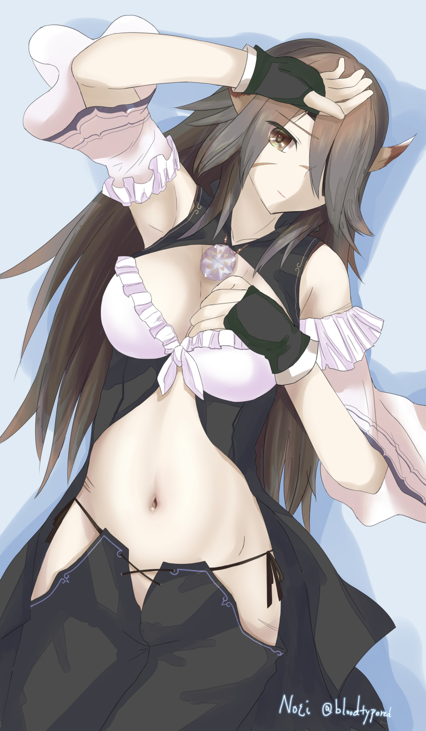 1girl, absurdres, ainu_clothes, animal_ears, aquaplus, arms_up, bloodtypered, breasts