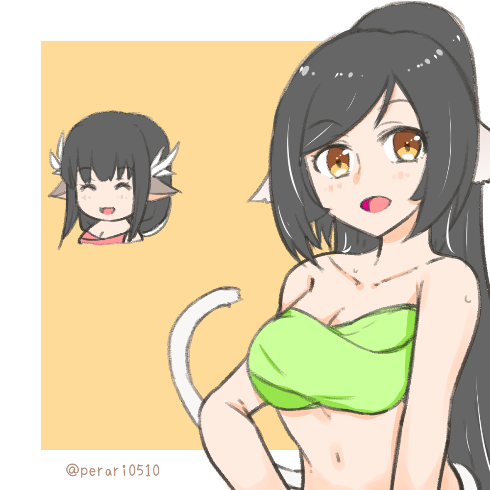 2girls, absurdly_long_hair, animal_ears, aquaplus, bare_arms, bare_shoulders, black_hair, breasts