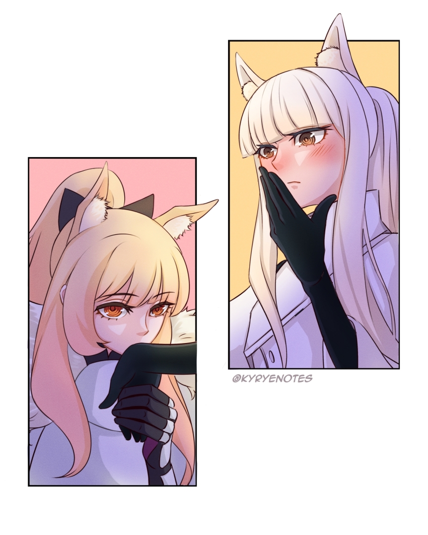 2girls, animal_ear_fluff, animal_ears, arknights, black_gloves, blemishine_(arknights), blunt_bangs, blush