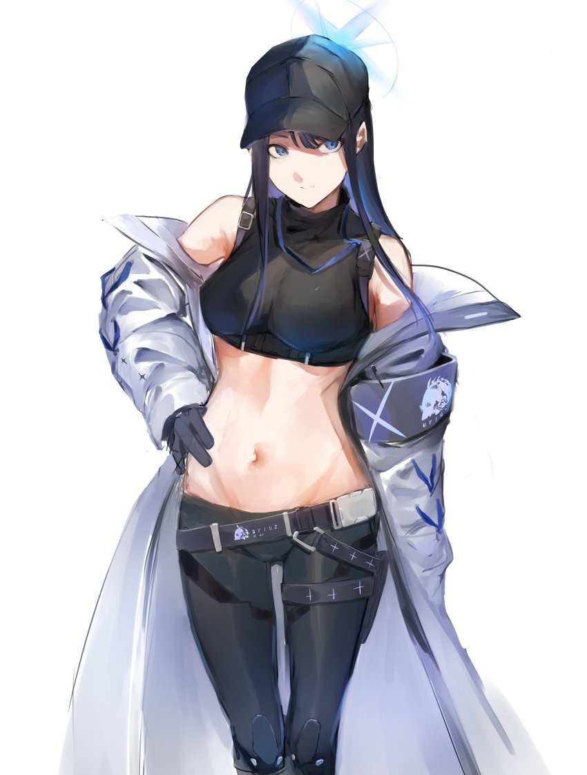 1girl, absurdres, armband, bare_shoulders, baseball_cap, belt, black_belt, black_gloves