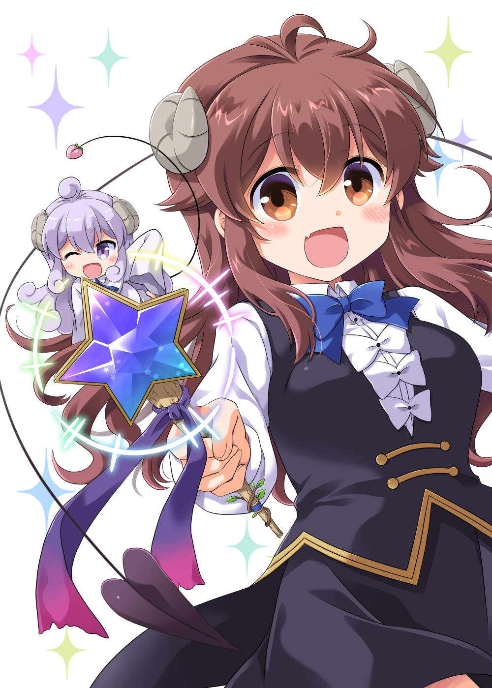 ahoge, blush, brown_hair, demon_girl, demon_horns, demon_tail, highres, horns