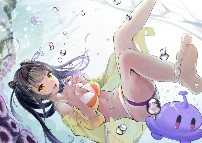 1girl, absurdres, animal, bikini, black_hair, breasts, bubble, commentary