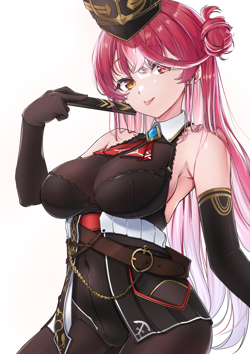 1girl, :p, alternate_hair_length_(longer), bare_shoulders, belt, black_gloves, black_hat, black_leotard