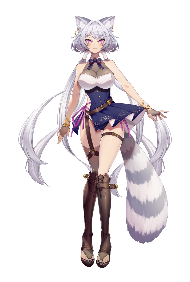 1girl, animal_ears, asymmetrical_clothes, blue_panties, blunt_bangs, breasts, cleavage, cluseller, dress, fingerless_gloves, full_body, gloves, grey_hair, horns, indie_virtual_youtuber, large_breasts, long_hair, panties, purple_eyes, raccoon_ears, raccoon_girl, raccoon_tail, single_thighhigh, smile, striped_tail, tail, thigh_gap, thigh_strap, thighhighs, toeless_footwear, underwear, very_long_hair, virtual_youtuber, white_background, yozora_aoi