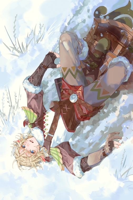 1boy, belt_buckle, blonde_hair, blue_eyes, buckle, foot_out_of_frame, fur_trim, gloves