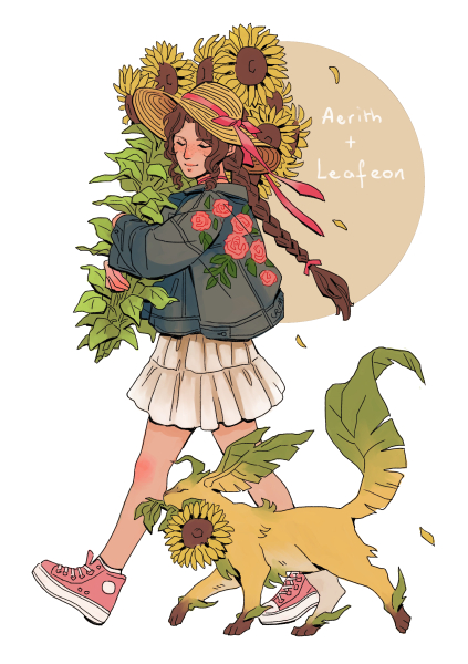 1girl, aerith_gainsborough, blue_jacket, blush, bouquet, braid, braided_ponytail, brown_hair