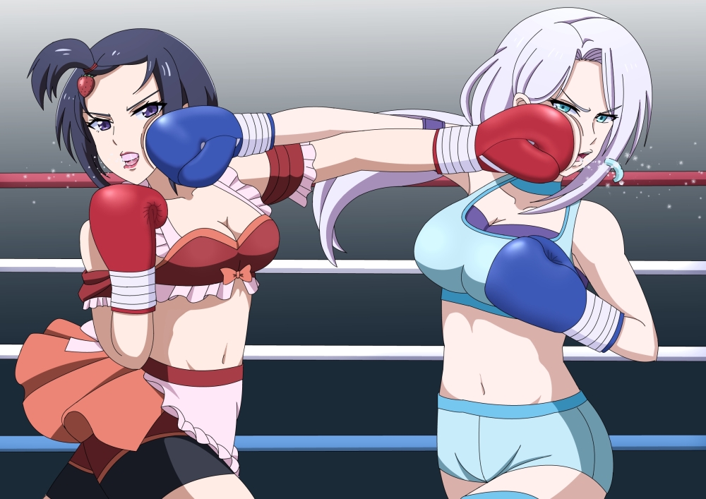 2girls, akiba_maid_sensou, black_hair, blue_eyes, bow, boxing, boxing_gloves, boxing_ring