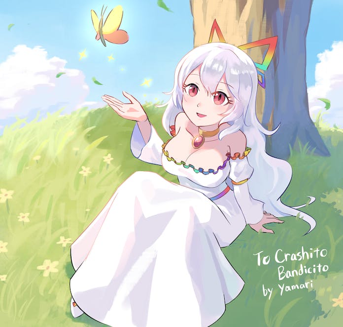 1girl, bare_shoulders, blue_sky, breasts, brooch, bug, butterfly, cleavage, commission, dress, drum, english_text, grass, insect, instrument, jewelry, large_breasts, long_hair, mario_(series), necklace, nintendo, paper_mario, personification, pink_eyes, rainbow_gradient, sitting, skeb_commission, sky, smile, super_paper_mario, tippi_(paper_mario), tree, white_dress, white_footwear, white_hair, yamari_(ya_mari_6363)