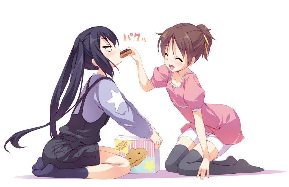 2girls, :d, ^_^, black_hair, blush, brown_hair, casual, closed_eyes