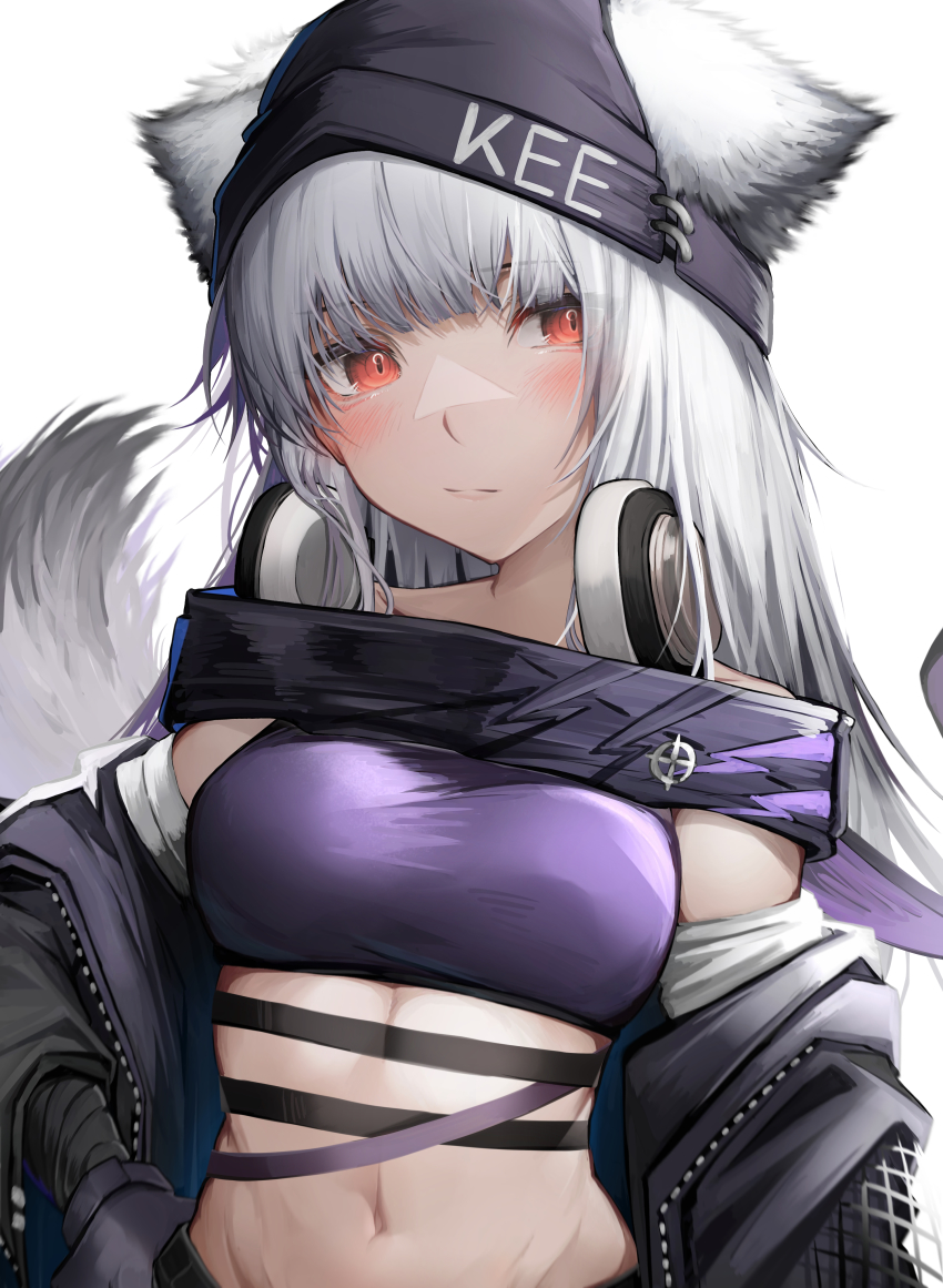 1girl, absurdres, animal_ears, arknights, bare_shoulders, black_jacket, blush, fox_ears, fox_girl, fox_tail, frostleaf_(arknights), frostleaf_(breaking_the_ice)_(arknights), hat, headphones, headphones_around_neck, highres, jacket, long_hair, looking_at_viewer, medium_hair, midriff, navel, off_shoulder, official_alternate_costume, open_clothes, open_jacket, orange_eyes, red_eyes, slit_pupils, smile, solo, tab_head, tail, upper_body, very_long_hair, white_hair