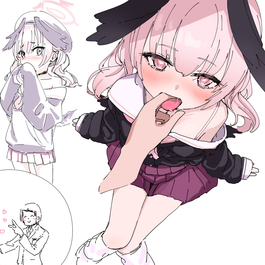 1boy, 1girl, beret, black_serafuku, blue_archive, doodle_sensei_(blue_archive), hat, heart, highres, koharu_(blue_archive), looking_at_viewer, momoeolia, pink_eyes, pink_hair, school_uniform, sensei_(blue_archive), serafuku, sitting, skirt, socks, solo, tongue, tongue_out, white_background, white_socks