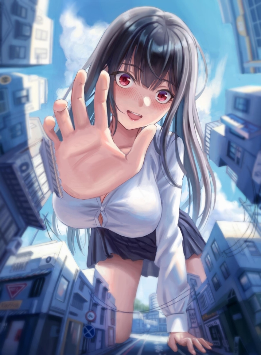 1girl, :d, all_fours, arm_support, black_hair, breasts, building, chinese_commentary