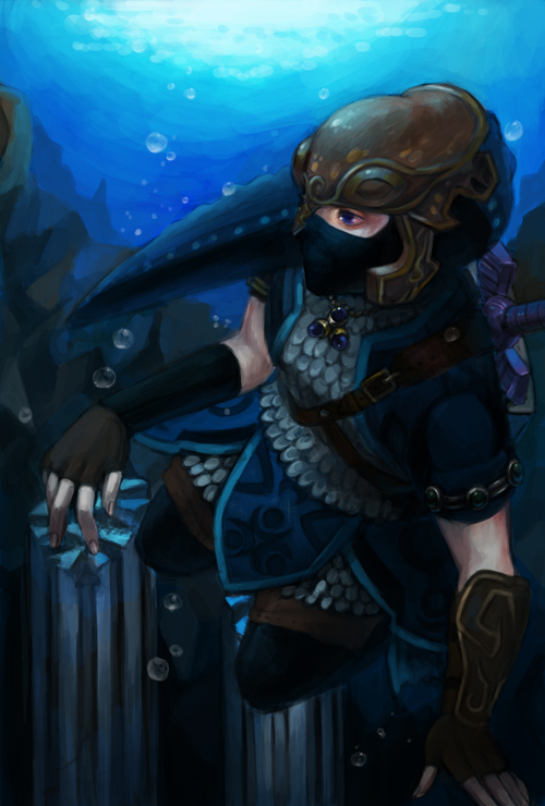 1boy, alternate_costume, bad_id, bad_pixiv_id, blue_eyes, blue_tunic, bruise, endou_yuu, gloves, injury, link, male_focus, mask, nintendo, solo, the_legend_of_zelda, tunic, underwater