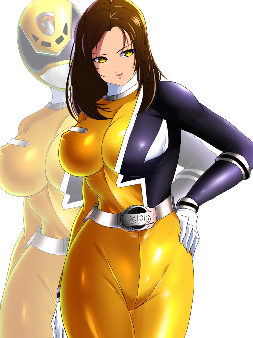 1girl, bodysuit, dekayellow, highres, reimon_marika, ri~hu, skin_tight, super_sentai, tokusou_sentai_dekaranger, yellow_bodysuit