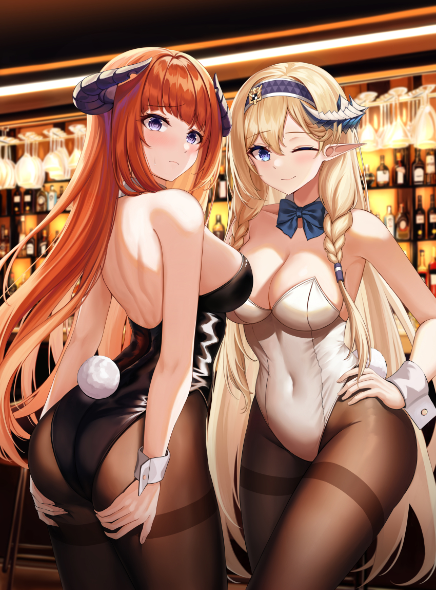 2girls, absurdres, alternate_costume, arknights, ass, bagpipe_(arknights), bare_shoulders, black_leotard, blonde_hair, blue_bow, blue_bowtie, blue_eyes, blush, bow, bowtie, braid, breasts, brown_pantyhose, closed_mouth, commentary, covered_navel, detached_collar, english_commentary, fake_tail, gongbangmanchi_(daisy_cutter), hair_ornament, hairband, hand_on_own_hip, highleg, highleg_leotard, highres, horns, indoors, large_breasts, leotard, looking_at_viewer, looking_back, multiple_girls, one_eye_closed, orange_hair, pantyhose, pointy_ears, rabbit_tail, saileach_(arknights), smile, tail, thighband_pantyhose, thighs, twin_braids, white_leotard, wrist_cuffs