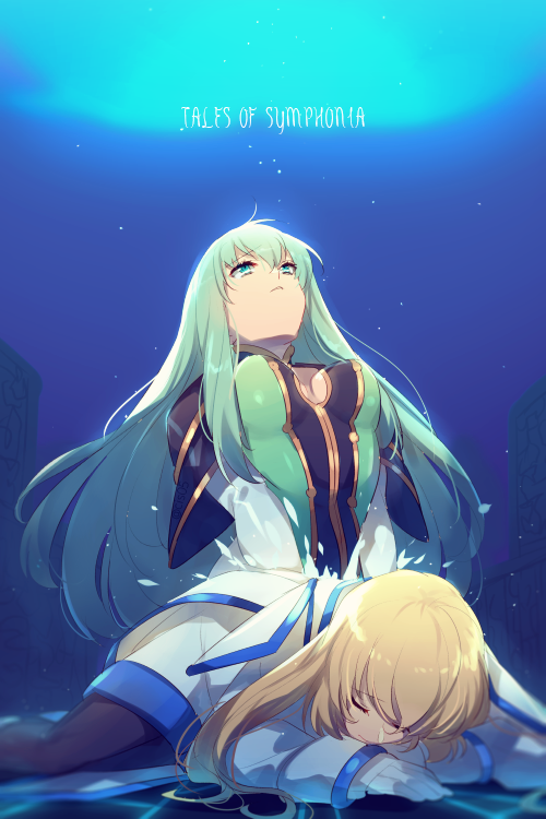 2girls, blonde_hair, breasts, closed_eyes, closed_mouth, colette_brunel, dress, echo_(circa), gloves, green_eyes, green_hair, long_hair, martel_(tales), martel_yggdrasill, medium_breasts, multiple_girls, pantyhose, tales_of_(series), tales_of_symphonia, white_gloves