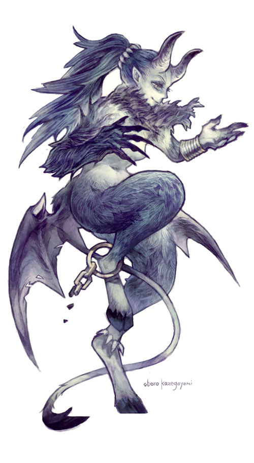 1girl, artist_name, body_fur, bracelet, chain, claws, closed_eyes, demon_girl, demon_horns, demon_wings, digitigrade, full_body, fur-tipped_tail, green_eyes, grey_fur, grey_hair, grey_horns, grey_wings, hands_up, hooves, horns, jewelry, knee_up, long_hair, looking_to_the_side, monster_girl, nude, oboro_(kazegoyomi), original, pointy_ears, ponytail, simple_background, smile, solo, standing, white_background, wings