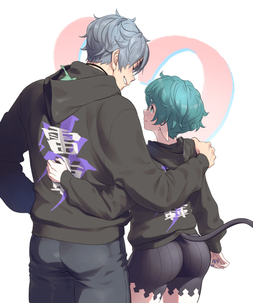 1boy, 1girl, :d, ass, back, black_hoodie, closed_eyes, closed_mouth, eyepatch, green_eyes, green_hair, grey_hair, grey_pants, grin, heart, highres, hood, hoodie, long_sleeves, nail_polish, natto_soup, open_mouth, pandoria_(xenoblade), pants, pointy_ears, purple_nails, purple_shorts, short_hair, shorts, smile, teeth, turters_(xenoblade), turtle, white_background, xenoblade_chronicles_(series), xenoblade_chronicles_2, zeke_von_genbu_(xenoblade)