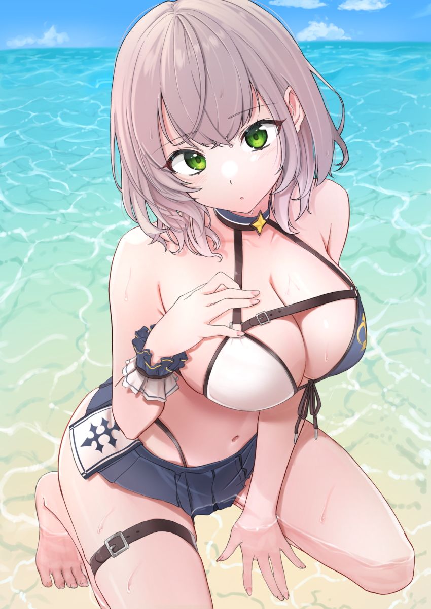 1girl, :o, adapted_costume, arm_between_legs, arm_support, beach, bikini, bikini_skirt