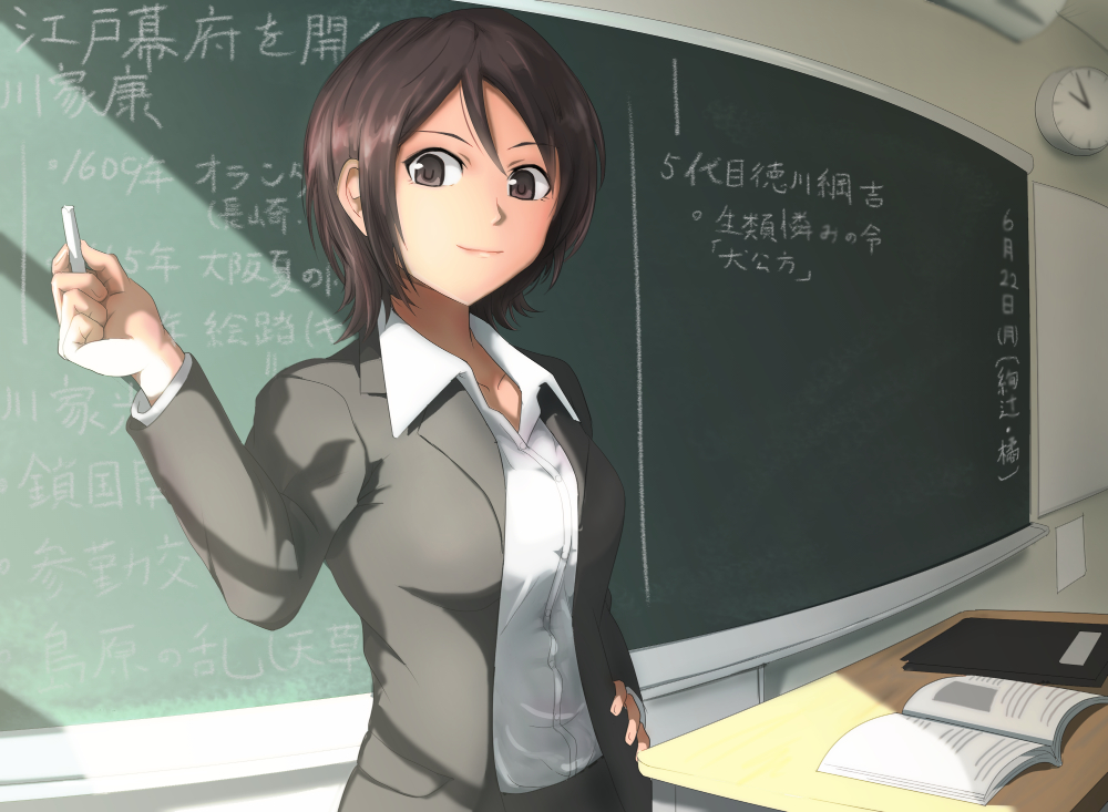 amagami, book, chalk, chalkboard, classroom, clock, formal_clothes, hand_on_own_hip