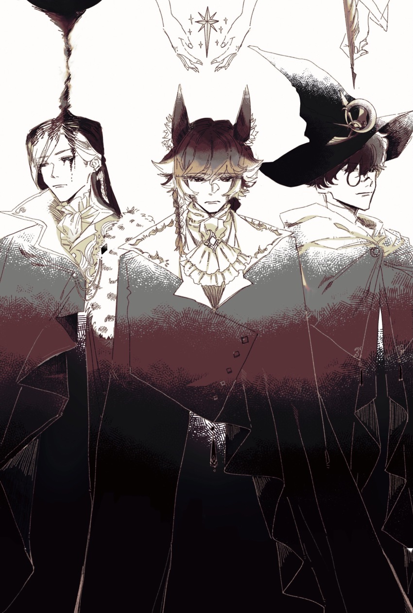 3boys, absurdres, adam_(lord_of_the_mysteries), amon_(lord_of_the_mysteries), angel, antigonus_(lord_of_the_mysteries), black_eyes, black_hair, blue_eyes, braid, brown_eyes, chinese_commentary, commentary_request, corruption, evernight_goddess, handkerchief, hat, highres, holding, holding_quill, jacket, long_hair, lord_of_the_mysteries, mixed-language_commentary, monocle, mr._door, multiple_boys, nail_(hardware), politelemon, quill, robe, simple_background, star_(symbol), white_background, wizard_hat, wolf_boy