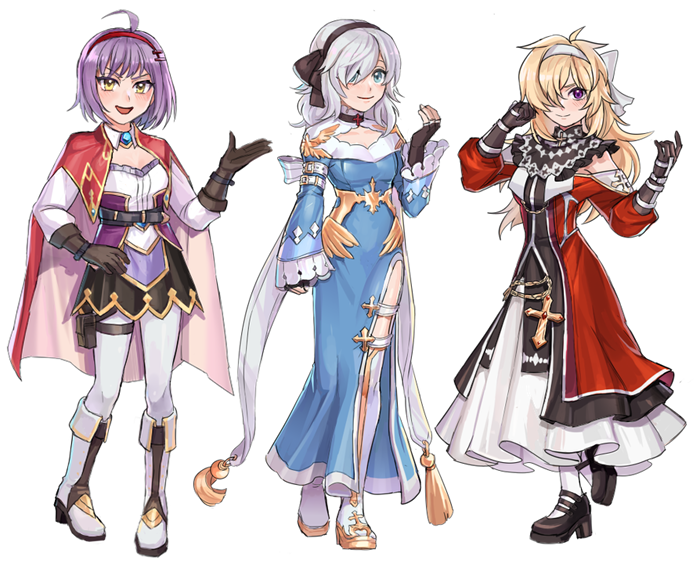 3girls, ahoge, arm_belt, belt, biolo_(ragnarok_online), black_bow, black_footwear, black_gloves