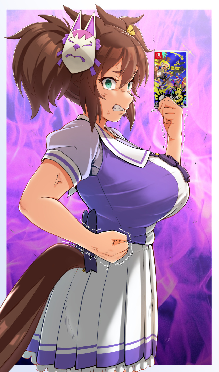 absurdres, anger_vein, angry, breasts, cheating_(relationship), clenched_hand, cover, highres, holding, horse_girl, inari_one_(umamusume), kantou_rengou, large_breasts, looking_at_viewer, nintendo, nintendo_switch_game_box, outside_border, school_uniform, splatoon_(series), splatoon_3, tracen_school_uniform, umamusume, video_game_cover, video_game_cover_(object)