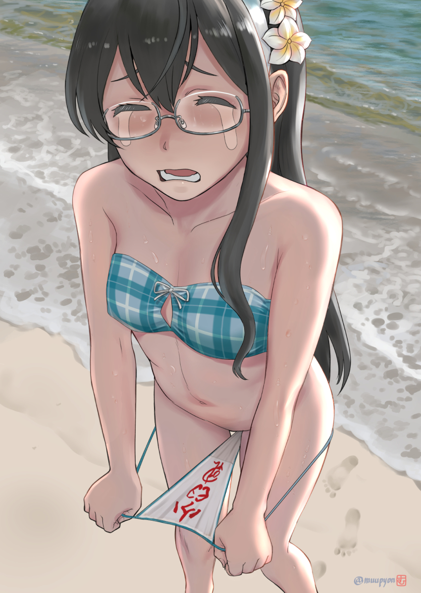 1girl, aqua_bikini, aqua_hairband, artist_logo, beach, bikini, black_hair, closed_eyes, collarbone, crying, feet_out_of_frame, female_focus, flower, glasses, hair_between_eyes, hair_flower, hair_ornament, hairband, highres, kantai_collection, logo, long_hair, mu-pyon, navel, ocean, ooyodo_(kancolle), ooyodo_(swimsuit)_(kancolle), open_mouth, outdoors, plaid_bikini, plaid_clothes, pulling_own_clothes, solo, standing, swimsuit, translation_request, twitter_username, white_flower