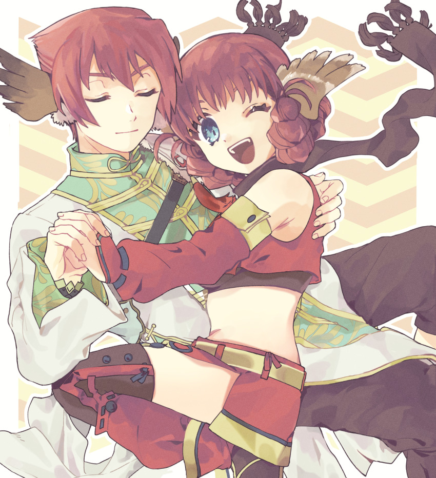 1boy, 1girl, age_difference, animal_ears, aquaplus, bare_shoulders, blue_eyes, boots, braid, breasts, brother_and_sister, chinese_clothes, closed_eyes, closed_mouth, crop_top, eingado, eyelashes, family, fingernails, full_body, highres, looking_at_viewer, medium_breasts, midriff, nose, nosuri, one_eye_closed, open_mouth, ougi, own_hands_clasped, red_eyes, scarf, short_hair, siblings, skirt, sleeveless, smug, teeth, thighhighs, thighs, tongue, utawarerumono, utawarerumono:_itsuwari_no_kamen, utawarerumono:_lost_flag