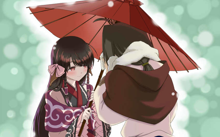 1boy, 1girl, ahoge, ainu_clothes, animal_ears, aquaplus, arms_up, blush