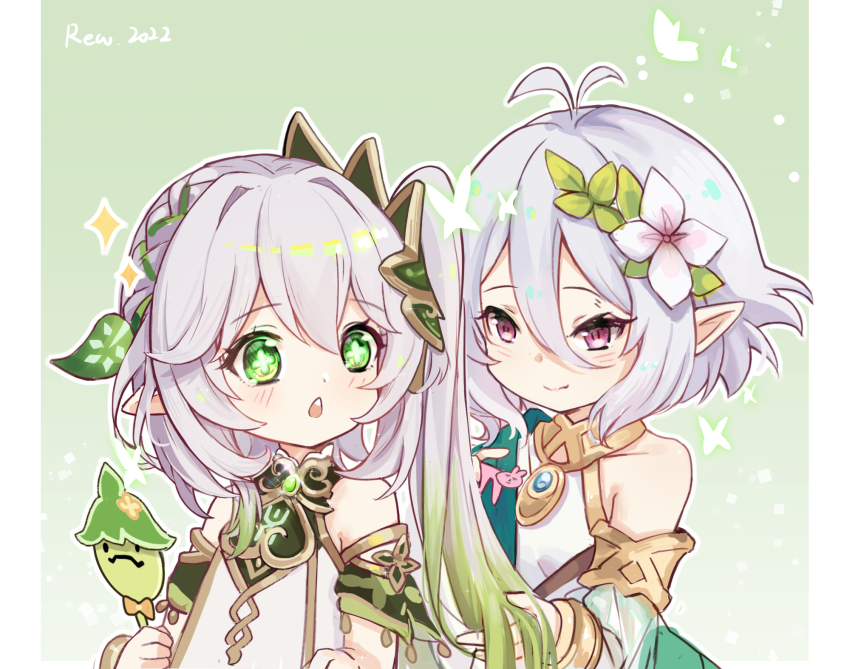 2girls, antenna_hair, aranara_(genshin_impact), bracelet, braid, cameo, cherilynorz, child, commentary_request, crossover, detached_sleeves, flower, food, genshin_impact, gradient_hair, green_eyes, grey_hair, hair_between_eyes, hair_flower, hair_ornament, highres, holding, jewelry, kokkoro_(princess_connect!), long_hair, long_sleeves, looking_at_another, looking_back, multicolored_hair, multiple_girls, nahida_(genshin_impact), pointy_ears, popsicle, princess_connect!, purple_eyes, short_hair, short_sleeves, side_ponytail, sidelocks, single_braid, smile, symbol-shaped_pupils, trait_connection