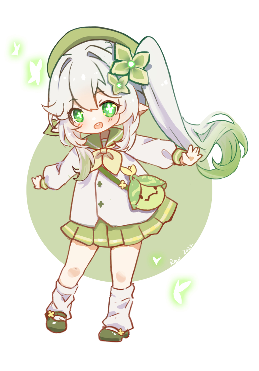 1girl, :d, aranara_(genshin_impact), bag, cameo, cherilynorz, commentary_request, genshin_impact, gradient_hair, green_eyes, grey_hair, hair_between_eyes, hair_ornament, handbag, hat, highres, long_hair, long_sleeves, looking_at_viewer, multicolored_hair, nahida_(genshin_impact), open_mouth, outstretched_arms, pleated_skirt, pointy_ears, school_uniform, serafuku, side_ponytail, sidelocks, simple_background, skirt, smile, solo, spread_arms, symbol-shaped_pupils