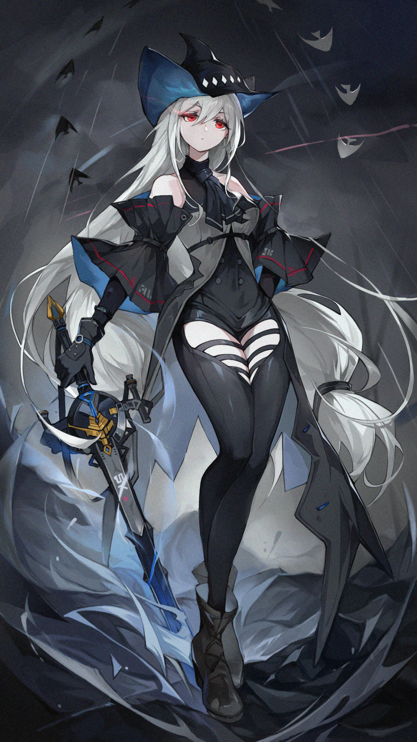 1girl, absurdres, angelfish, ankle_boots, arknights, ascot, bare_shoulders, black_ascot