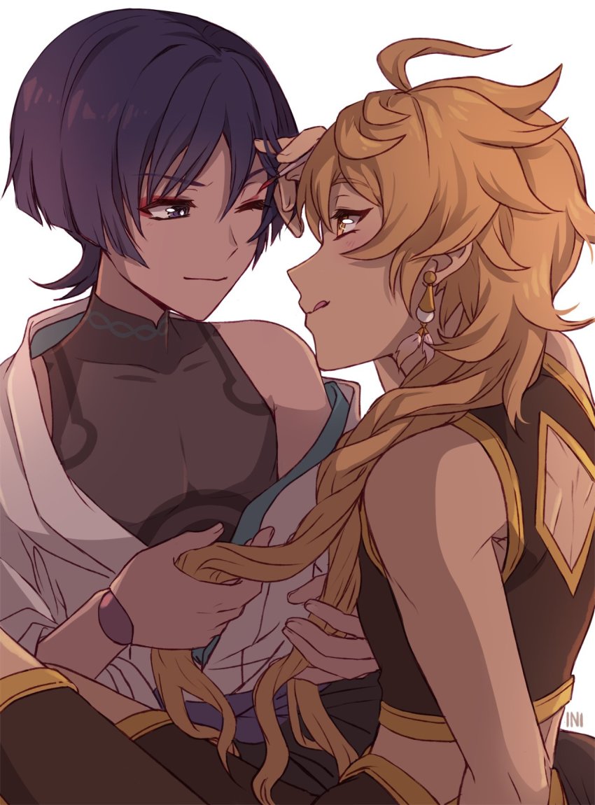 2boys, aether_(genshin_impact), ahoge, arm_up, artist_name, back, bare_shoulders, belt, black_shirt, black_shorts, blonde_hair, blue_vest, blunt_ends, blush, braid, brown_pants, brown_shirt, closed_mouth, collarbone, commentary, earrings, english_commentary, fingernails, genshin_impact, grey_vest, hair_between_eyes, hand_up, hands_up, highres, inimoose, jewelry, long_hair, looking_at_another, male_focus, mandarin_collar, multiple_boys, missing_headwear, official_alternate_costume, one_eye_closed, open_clothes, open_vest, pants, purple_belt, purple_eyes, purple_hair, scaramouche_(genshin_impact), shirt, short_hair, short_sleeves, shorts, simple_background, single_earring, sitting, sleeveless, sleeveless_shirt, smile, tongue, tongue_out, two-tone_vest, v-shaped_eyebrows, vest, wanderer_(genshin_impact), white_background, yaoi, yellow_eyes