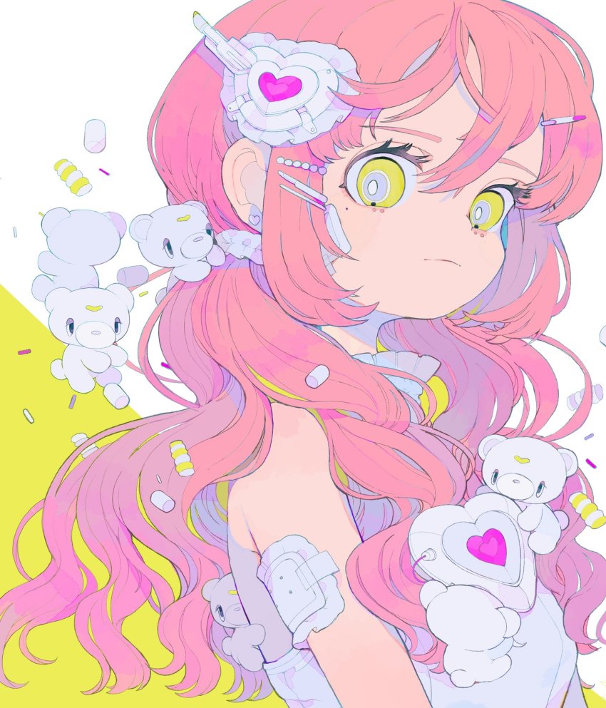 1girl, bandaid, closed_mouth, earrings, food, frills, hair_ornament, hairclip