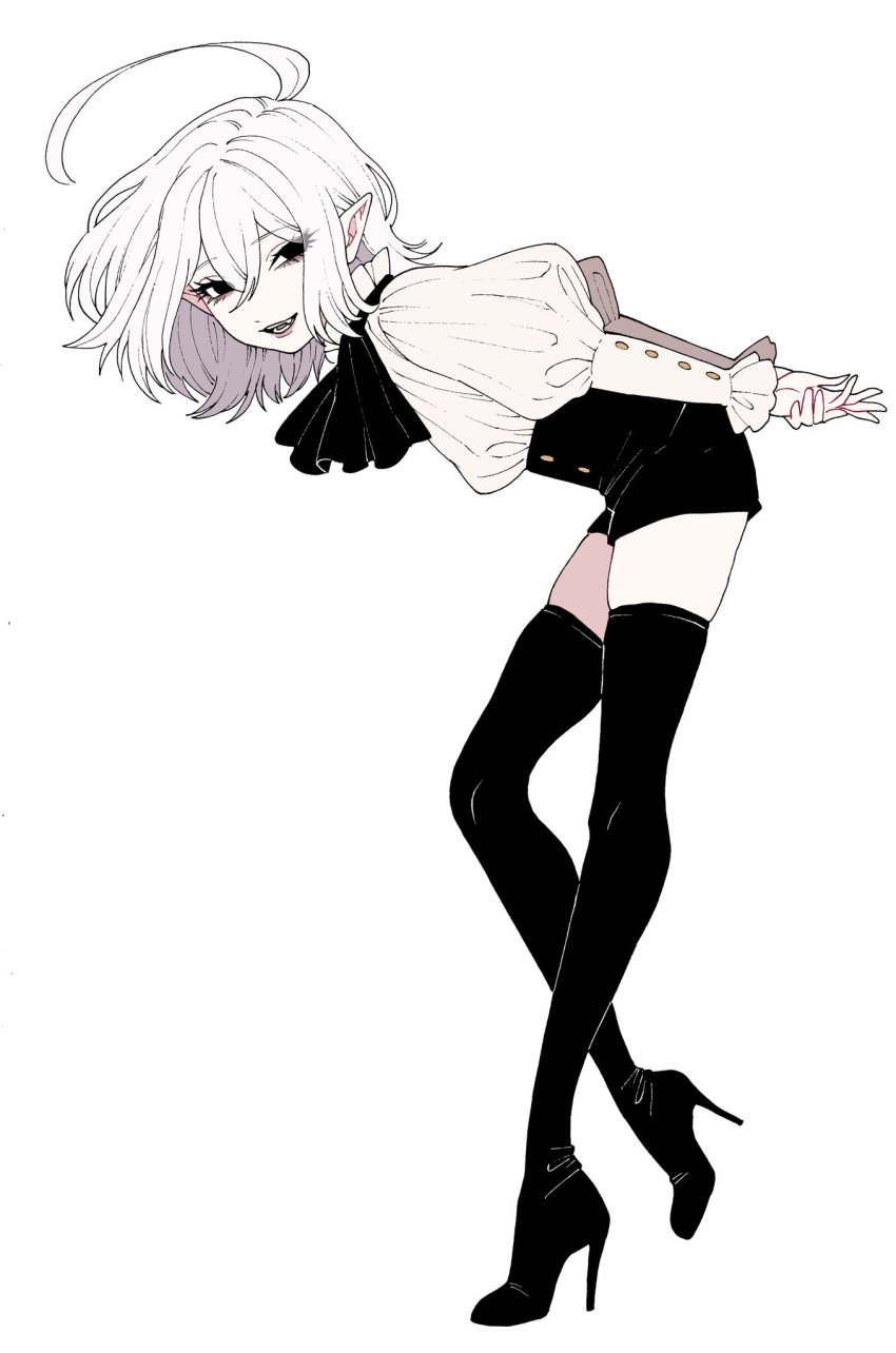 1boy, ahoge, arms_behind_back, ascot, bent_over, black_boots, black_eyes, black_shorts