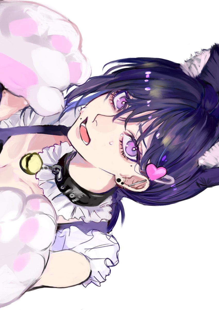 1girl, absurdres, ancoo_mm, animal_collar, animal_ears, animal_hands, bare_shoulders, black_hair, cat_ears, cat_paws, chainsaw_man, collar, detached_collar, ear_piercing, fake_animal_ears, higashiyama_kobeni, highres, looking_at_viewer, maid, medium_hair, mole, open_mouth, piercing, purple_eyes, sideways, simple_background, single_sidelock, solo, sweat, white_background