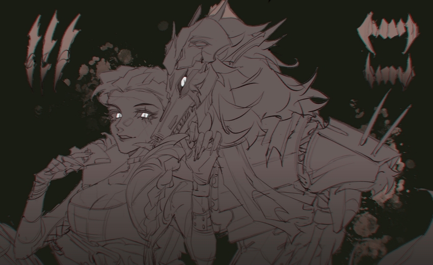 1boy, 1girl, animification, apex_legends, braid, breasts, chinese_commentary, choker, cleavage, collarbone, cropped_jacket, fingerless_gloves, fingernails, gloves, greyscale, hand_on_another's_waist, head_tilt, heads_together, hetero, highres, holding, holding_mask, humanoid_robot, interspecies, loba_(apex_legends), long_fingernails, mask, medium_breasts, monochrome, necro_nightmare_revenant, revenant_(apex_legends), robot, ruu47, sharp_teeth, simulacrum_(titanfall), snout, teeth, twin_braids