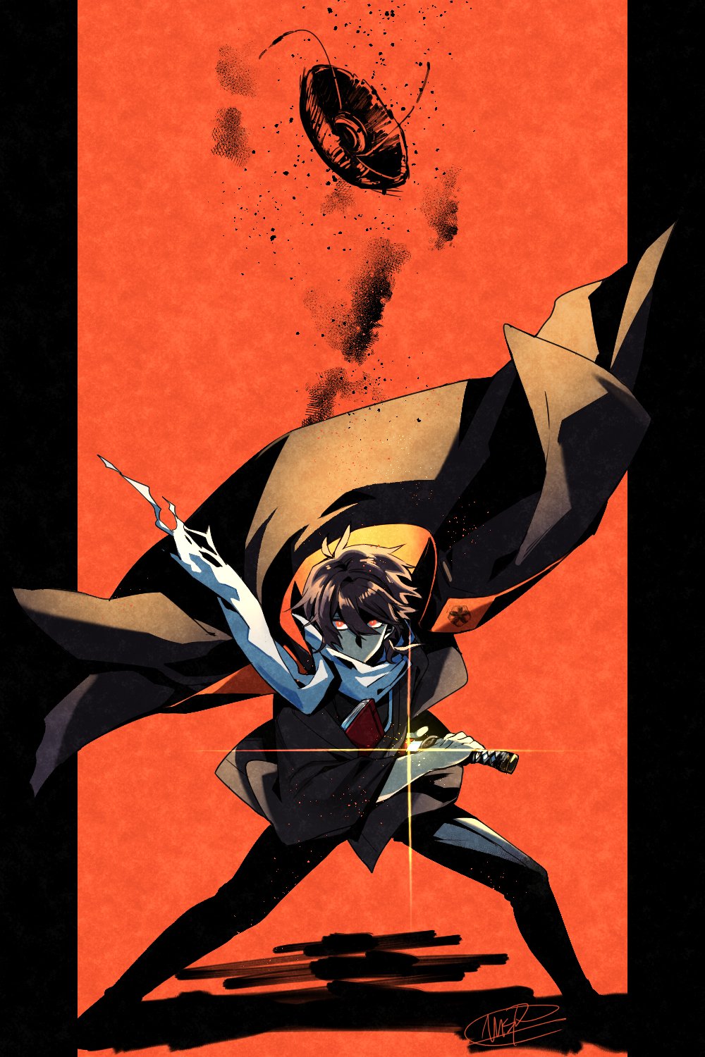 1boy, battoujutsu_stance, black_coat, black_hair, black_pants, book, bright_pupils, brown_jacket