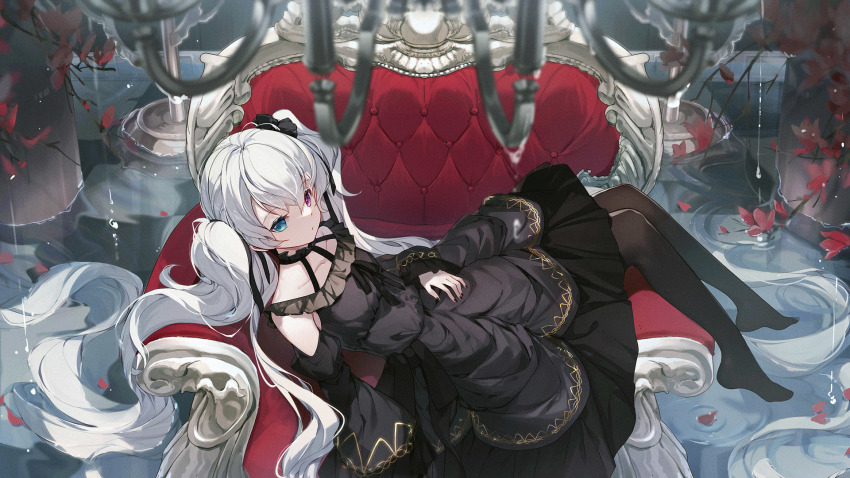 1girl, 25-ji_miku, 25-ji_nightcord_de._(project_sekai), bison_cangshu, black_dress, black_nails, black_pantyhose, black_sleeves, blue_hair, blurry, blurry_foreground, closed_mouth, collarbone, commentary_request, couch, depth_of_field, detached_sleeves, dress, hair_between_eyes, hatsune_miku, heterochromia, highres, itsuka_zetsubou_no_soko_kara_(project_sekai), juliet_sleeves, long_hair, long_sleeves, looking_at_viewer, lying, nail_polish, no_shoes, on_back, on_couch, pantyhose, petals, project_sekai, puffy_sleeves, purple_eyes, sleeveless, sleeveless_dress, sleeves_past_wrists, solo, twintails, very_long_hair, vocaloid, water, white_hair