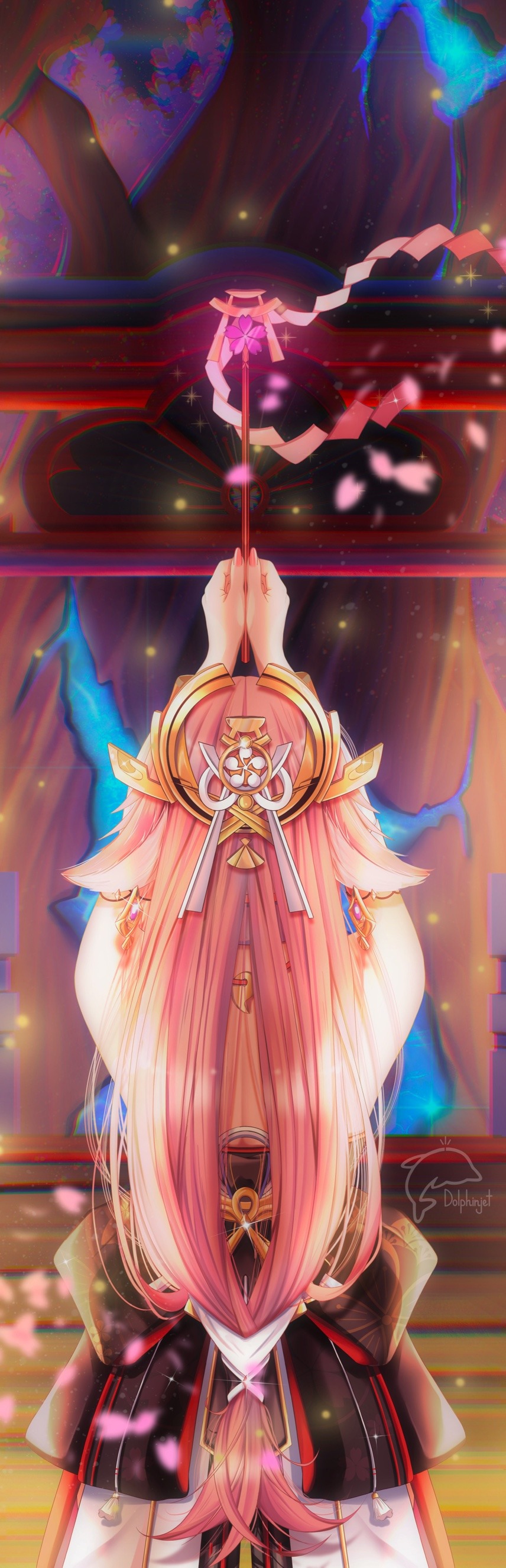 1girl, absurdres, animal_ears, arms_up, bare_back, blurry, commentary, depth_of_field