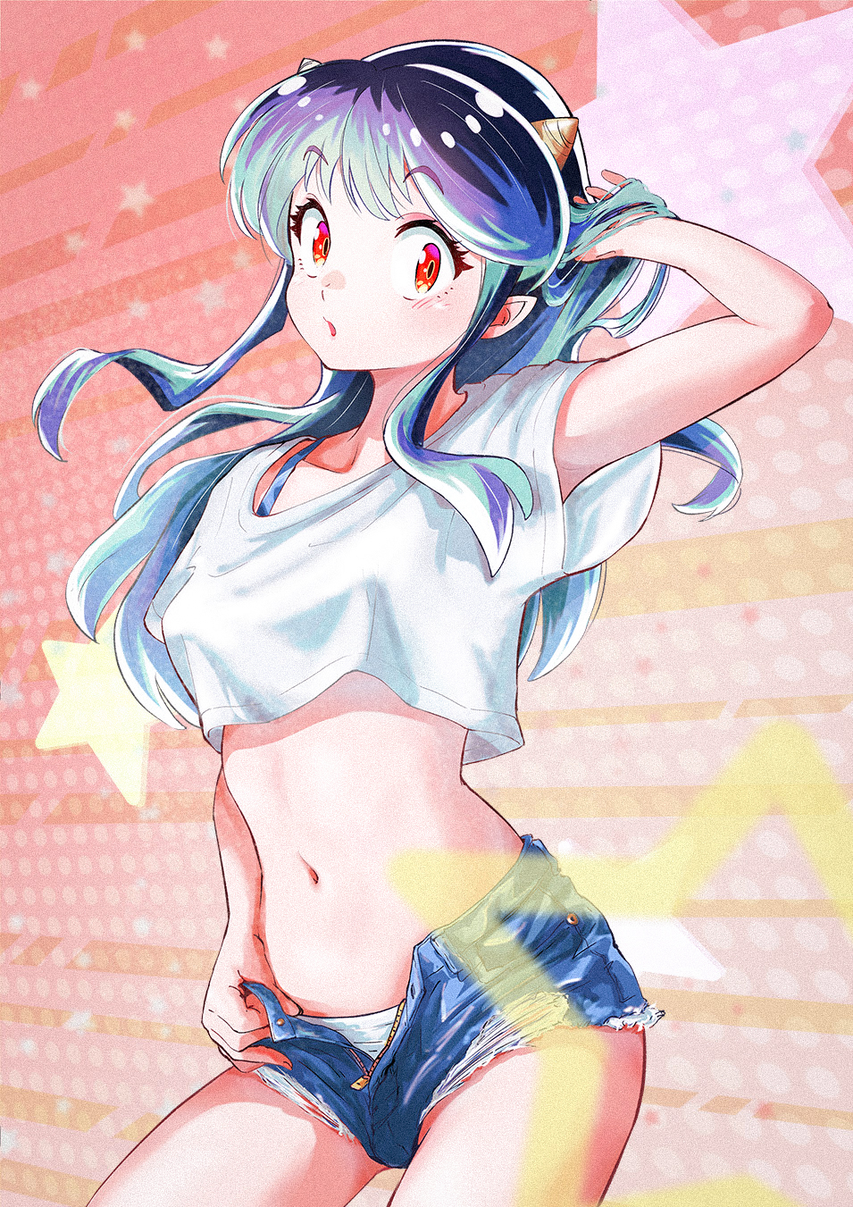 1girl, aqua_hair, arakan, arm_up, black_hair, blush, bra_strap, cone_horns, cowboy_shot, crop_top, denim, denim_shorts, eyelashes, film_grain, highres, horns, long_hair, looking_at_viewer, lum, midriff, multicolored_background, multicolored_hair, navel, oni, open_clothes, open_fly, open_mouth, open_shorts, panties, pointy_ears, shirt, short_shorts, short_sleeves, shorts, solo, star_(symbol), two-tone_hair, underwear, urusei_yatsura, white_panties, white_shirt, yellow_eyes