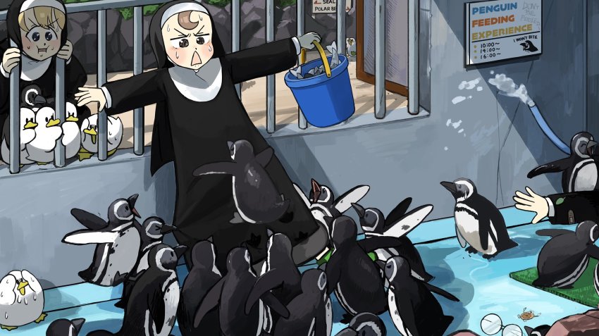 3girls, bandaid, bandaid_on_clothes, bird, blonde_hair, blue_eyes, brown_eyes, brown_hair