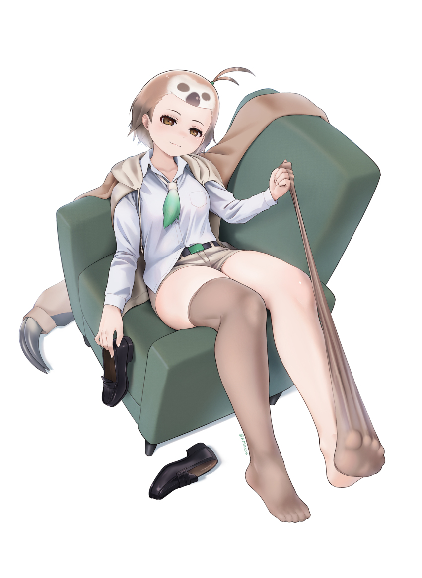1girl, antenna_hair, apron, arm_at_side, arm_rest, armchair, beleven, belt, black_shoes, breast_pocket, brown_eyes, brown_hair, brown_thighhighs, buttons, cardigan, chair, closed_mouth, collared_shirt, drawstring, feet, from_above, half-closed_eyes, hand_up, highres, holding, holding_shoes, holding_unworn_clothes, hood, hood_down, hooded_cardigan, kemono_friends, legs, light_brown_hair, long_sleeves, looking_at_viewer, lying, medium_hair, multicolored_hair, necktie, no_shoes, on_back, on_chair, open_cardigan, open_clothes, paid_reward_available, pale-throated_three-toed_sloth_(kemono_friends), pocket, pulling_own_clothes, shirt, shirt_tucked_in, shoes, short_shorts, shorts, simple_background, smile, solo, thighhighs, thighhighs_pull, toes, twitter_username, undressing, untucked_shirt, unworn_shoes, waist_apron, white_background, white_shirt, wing_collar