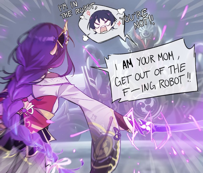 1boy, 1girl, anger_vein, angry, braid, commentary, electricity, energy_sword, english_commentary, english_text, fallenmaples, genshin_impact, hair_ornament, highres, holding, holding_sword, holding_weapon, japanese_clothes, kimono, long_hair, low-braided_long_hair, low-tied_long_hair, mother_and_child, mother_and_son, obi, open_mouth, parent_and_child, ponytail, purple_eyes, purple_hair, purple_kimono, raiden_shogun, sash, scaramouche_(genshin_impact), scaramouche_(shouki_no_kami)_(genshin_impact), shouting, speech_bubble, spoken_character, sword, weapon, wide_sleeves