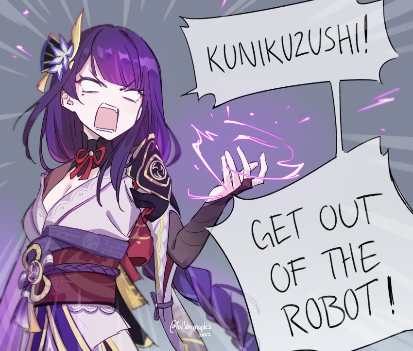 1girl, braid, breasts, cleavage, commentary, electricity, english_commentary, english_text, fallenmaples, flower, genshin_impact, hair_flower, hair_ornament, highres, japanese_clothes, kimono, long_hair, low-braided_long_hair, low-tied_long_hair, medium_breasts, mole, mole_under_eye, ponytail, purple_hair, purple_kimono, raiden_shogun, shouting, solo, speech_bubble, tassel, upper_body, vision_(genshin_impact), wide_sleeves